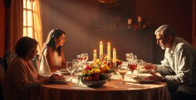 Bild einer Familie beim Abendessen mit brennenden Kerzen auf dem Tisch und Licht, das durch die Fenster fällt