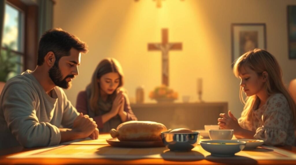Bild eines Vaters mit seinen Töchtern, die am Tisch beten, mit Essen und einem Kreuz an der Wand im Hintergrund