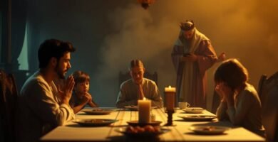 Bild im Rahmenstil einer Familie, die mit ihren Kindern am Tisch betet, mit einem Priester im Hintergrund, der betet