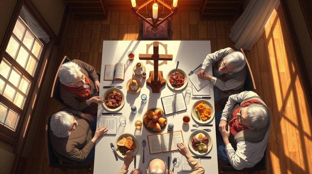 Luftaufnahme einer Gruppe älterer Menschen, die an einem weißen Tisch mit Essen, Kerzen und einem Kreuz in der Mitte speisen.