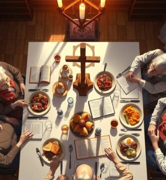 Luftaufnahme einer Gruppe älterer Menschen, die an einem weißen Tisch mit Essen, Kerzen und einem Kreuz in der Mitte speisen.