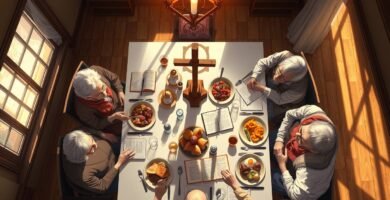 Luftaufnahme einer Gruppe älterer Menschen, die an einem weißen Tisch mit Essen, Kerzen und einem Kreuz in der Mitte speisen.