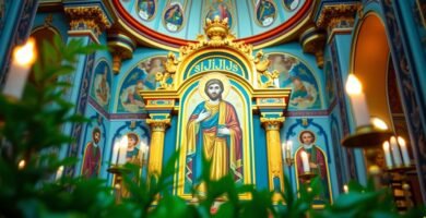 Bild eines Kirchenpodests mit dem Inneren einer Kirche mit Pflanzenblättern im Vordergrund, das Bild hat einen Malstil