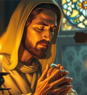 Nahaufnahme von Jesus Christus, der in einem Tempel neben einigen brennenden Kerzen, die ihn erleuchten, und einem Holzkreuz betet.