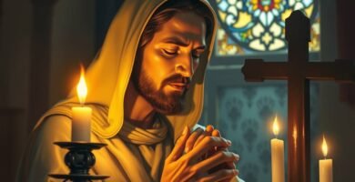 Nahaufnahme von Jesus Christus, der in einem Tempel neben einigen brennenden Kerzen, die ihn erleuchten, und einem Holzkreuz betet.