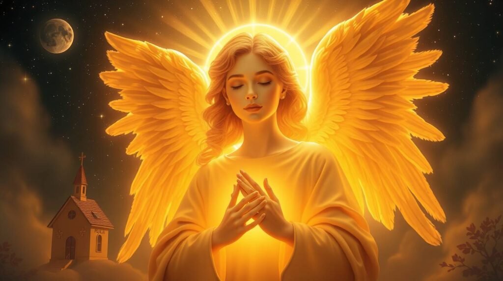Bild eines Engels mit geschlossenen Augen und der Hand auf der Brust, ein intensives göttliches Licht fällt hinter sie, während im Hintergrund einige Wolken und ein klarer Himmel mit Vollmond zu sehen sind