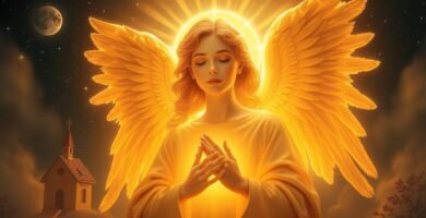 Bild eines Engels mit geschlossenen Augen und der Hand auf der Brust, ein intensives göttliches Licht fällt hinter sie, während im Hintergrund einige Wolken und ein klarer Himmel mit Vollmond zu sehen sind