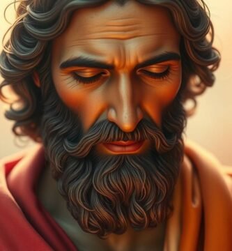 Nahaufnahme des Gesichts des Heiligen Josef mit geschlossenen Augen. Der Hintergrund ist eine rosa Bühne mit einem weißen Farbverlauf und einem intensiven Licht, das dem Bild eine göttliche Aura verleiht.