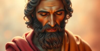 Nahaufnahme des Gesichts des Heiligen Josef mit geschlossenen Augen. Der Hintergrund ist eine rosa Bühne mit einem weißen Farbverlauf und einem intensiven Licht, das dem Bild eine göttliche Aura verleiht.