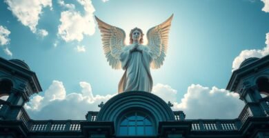 Statue eines Engels auf einer Kathedrale mit vor der Brust verschränkten Händen vor einem klaren Himmel.