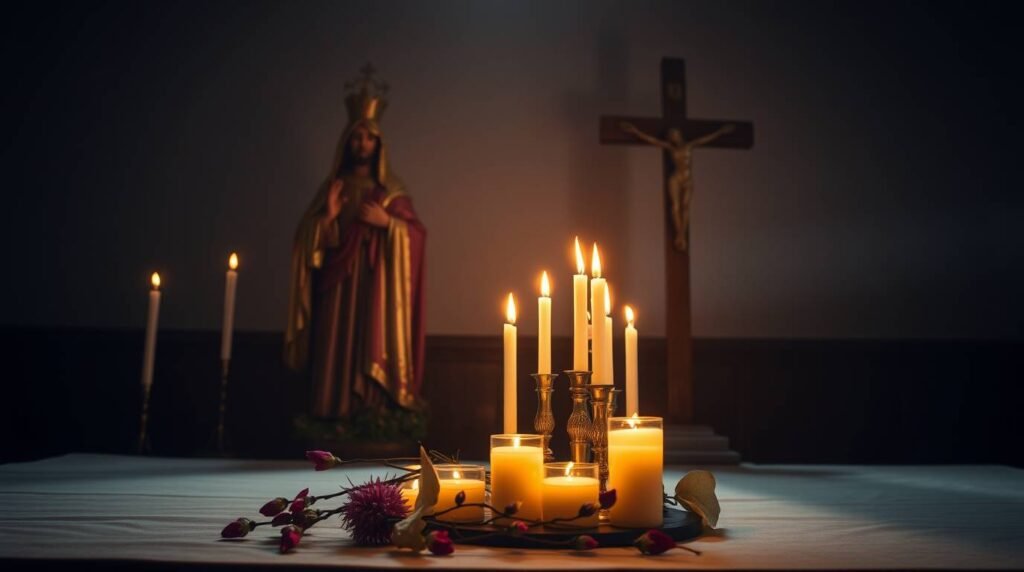Bild eines dunklen Raumes mit einigen brennenden Kerzen und Rosen auf dem Boden, daneben ein Kreuz mit dem Bild Christi und im Hintergrund eine Königsstatue neben einigen Kerzen