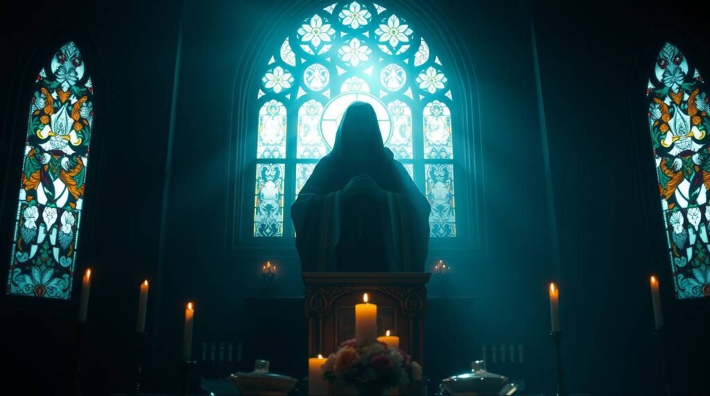 Bild eines Priesters auf einem Kirchenpodest neben brennenden Kerzen, hinter ihm ein Fenster mit religiösen Ornamenten, das ein intensives blaues Licht ausstrahlt