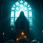 Bild eines Priesters auf einem Kirchenpodest neben brennenden Kerzen, hinter ihm ein Fenster mit religiösen Ornamenten, das ein intensives blaues Licht ausstrahlt