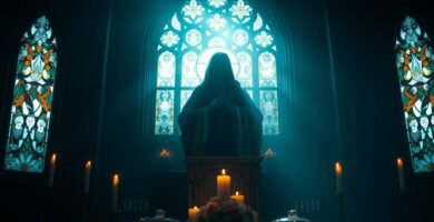 Bild eines Priesters auf einem Kirchenpodest neben brennenden Kerzen, hinter ihm ein Fenster mit religiösen Ornamenten, das ein intensives blaues Licht ausstrahlt