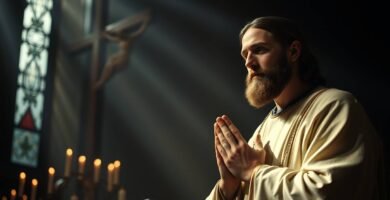 Bild eines Priesters, der in einer Kirche betet, mit dem Kreuz und brennenden Kerzen im Hintergrund, Lichtstrahlen dringen durch das Fenster und erhellen die Szene