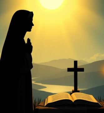 Die Silhouette einer Nonne, die im Morgengrauen betet. Sie hält eine Bibel, ein Kreuz und brennende Kerzen neben sich. Im Hintergrund ist eine Landschaft mit Sonnenaufgang zu sehen.