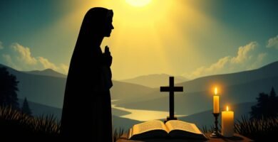 Die Silhouette einer Nonne, die im Morgengrauen betet. Sie hält eine Bibel, ein Kreuz und brennende Kerzen neben sich. Im Hintergrund ist eine Landschaft mit Sonnenaufgang zu sehen.