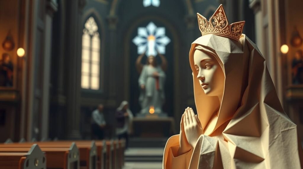 Unscharfes Bild des Innenraums einer leeren Kirche, im Vordergrund das Papierbild der betenden Jungfrau Maria