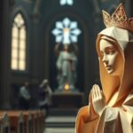 Unscharfes Bild des Innenraums einer leeren Kirche, im Vordergrund das Papierbild der betenden Jungfrau Maria