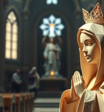 Unscharfes Bild des Innenraums einer leeren Kirche, im Vordergrund das Papierbild der betenden Jungfrau Maria