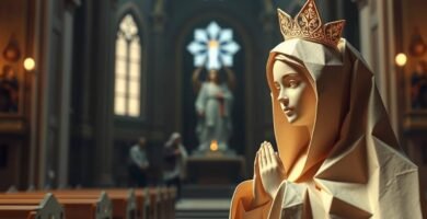 Unscharfes Bild des Innenraums einer leeren Kirche, im Vordergrund das Papierbild der betenden Jungfrau Maria