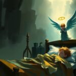 Bild im Aquarellstil eines Kindes, das in seinem Bett schläft und neben dem ein kleiner Engel betet.