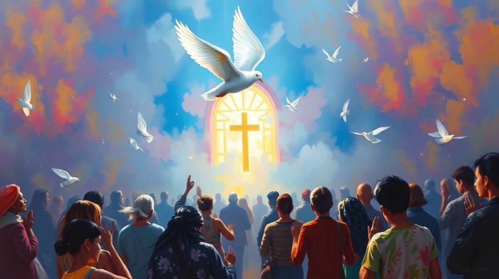 Bild im Stil einer Leinwandmalerei vom Inneren einer Kirche mit betenden Gläubigen, einem riesigen Kreuz auf dem Kirchensockel und einem Himmel mit roten Wolken und herumfliegenden weißen Tauben.