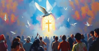 Bild im Stil einer Leinwandmalerei vom Inneren einer Kirche mit betenden Gläubigen, einem riesigen Kreuz auf dem Kirchensockel und einem Himmel mit roten Wolken und herumfliegenden weißen Tauben.