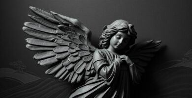 Bild eines Engels mit geschlossenen Augen und Händen auf der Brust, geschnitzt in Skulptur mit einem Hintergrund in der gleichen Farbe wie die Statue