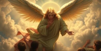 Bild des Schutzengels in einem bewölkten Himmel, umgeben von Menschen, die sich ihm nähern