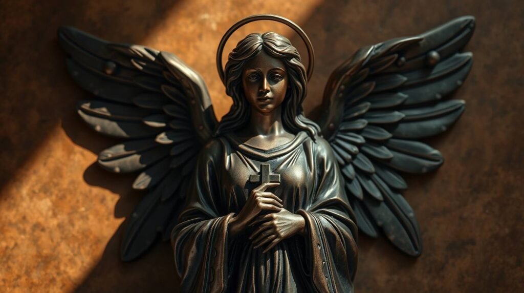 Steinstatue Bild eines Engels mit seinen Händen auf der Brust hält ein Kreuz