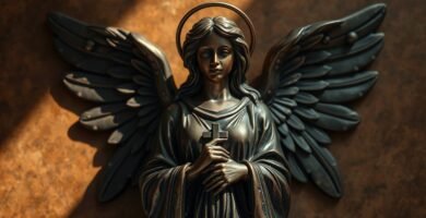 Steinstatue Bild eines Engels mit seinen Händen auf der Brust hält ein Kreuz