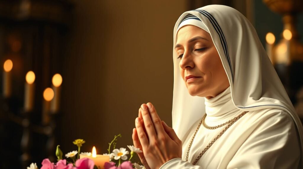 Nahaufnahme der Heiligen Teresa, die mit gefalteten Händen und geschlossenen Augen neben einem Blumenstrauß betet. Im Hintergrund ist das Innere einer Kirche unscharf zu sehen.