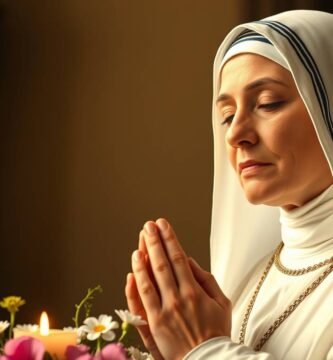 Nahaufnahme der Heiligen Teresa, die mit gefalteten Händen und geschlossenen Augen neben einem Blumenstrauß betet. Im Hintergrund ist das Innere einer Kirche unscharf zu sehen.