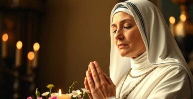 Nahaufnahme der Heiligen Teresa, die mit gefalteten Händen und geschlossenen Augen neben einem Blumenstrauß betet. Im Hintergrund ist das Innere einer Kirche unscharf zu sehen.