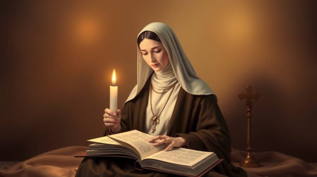Bild der Heiligen Teresa, die mit einer brennenden Kerze in der Hand sitzt und ein Buch liest