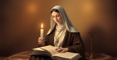 Bild der Heiligen Teresa, die mit einer brennenden Kerze in der Hand sitzt und ein Buch liest