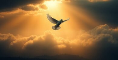 Bild einer weißen Taube, die am Himmel fliegt, im Hintergrund Wolken mit Sonnenstrahlen, die vom Himmel fallen und die Szene erhellen, als wäre es ein Sonnenuntergang