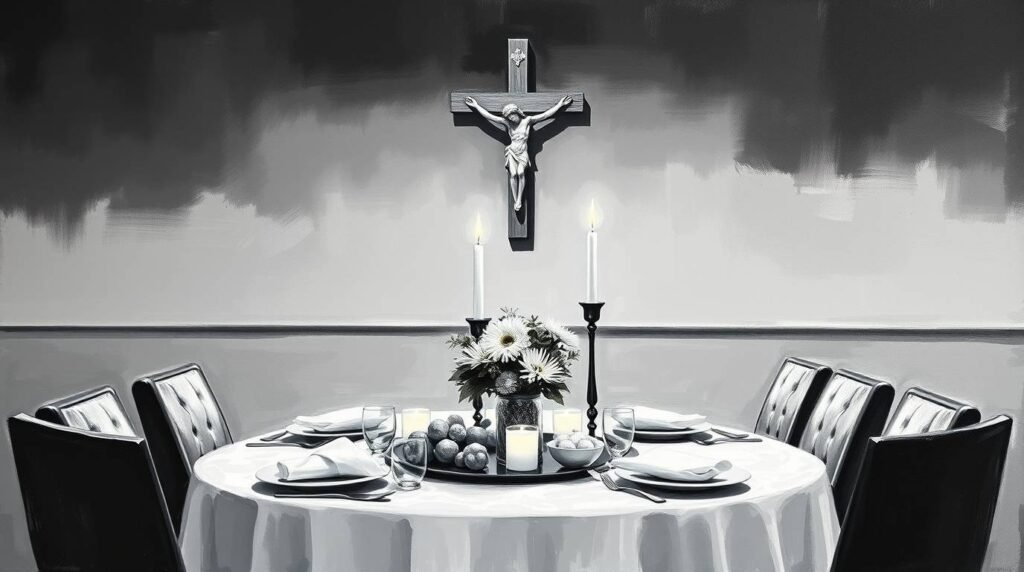 Schwarz-weißes Bild im Leinwandstil von einem Tisch mit Kerzen, Essen, Blumen und einem Kreuz mit Christus im Hintergrund des Bildes