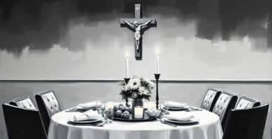 Schwarz-weißes Bild im Leinwandstil von einem Tisch mit Kerzen, Essen, Blumen und einem Kreuz mit Christus im Hintergrund des Bildes