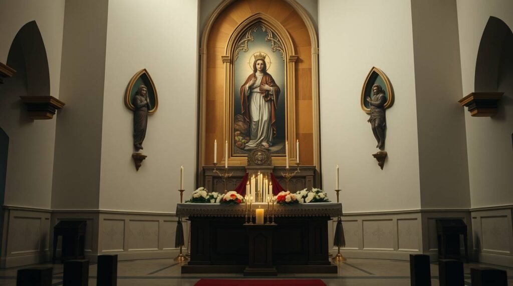 Bild des Innenraums einer Kirche mit einem Altar mit dem Bild Christi, darunter Kerzen und Blumen.