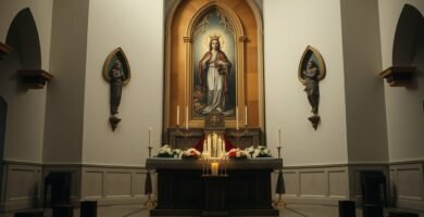 Bild des Innenraums einer Kirche mit einem Altar mit dem Bild Christi, darunter Kerzen und Blumen.