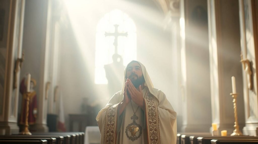 Bild eines Priesters, der in einer Kirche betet. Im Hintergrund ist ein riesiges Kreuz zu sehen. Durch eines der Fenster darüber fällt intensives Licht, das die Szene mit göttlichen Strahlen erhellt.