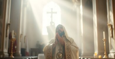 Bild eines Priesters, der in einer Kirche betet. Im Hintergrund ist ein riesiges Kreuz zu sehen. Durch eines der Fenster darüber fällt intensives Licht, das die Szene mit göttlichen Strahlen erhellt.