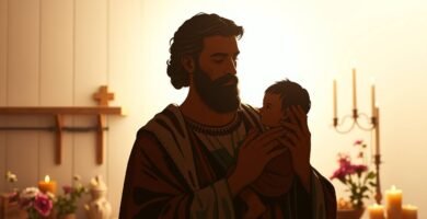 Karikaturbild des Heiligen Josef mit einem Kind im Arm, im Hintergrund ist das Innere einer Pfarrei mit Kerzen und Blumen zu sehen