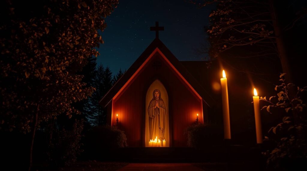 Bild einer Kapelle zum Gebet mitten im Wald bei Nacht, in der Mitte sehen wir das Bild der Jungfrau Maria neben Kerzen an den Seiten