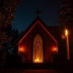 Bild einer Kapelle zum Gebet mitten im Wald bei Nacht, in der Mitte sehen wir das Bild der Jungfrau Maria neben Kerzen an den Seiten