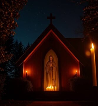 Bild einer Kapelle zum Gebet mitten im Wald bei Nacht, in der Mitte sehen wir das Bild der Jungfrau Maria neben Kerzen an den Seiten