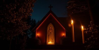Bild einer Kapelle zum Gebet mitten im Wald bei Nacht, in der Mitte sehen wir das Bild der Jungfrau Maria neben Kerzen an den Seiten