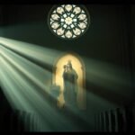 Bild einer leeren Kirche mit der Statue der Jungfrau Maria in der Mitte, einem Fenster mit runden religiösen Ornamenten und Fenstern an den Seiten, aus denen Lichtstrahlen einfallen und die gesamte Szene erhellen.